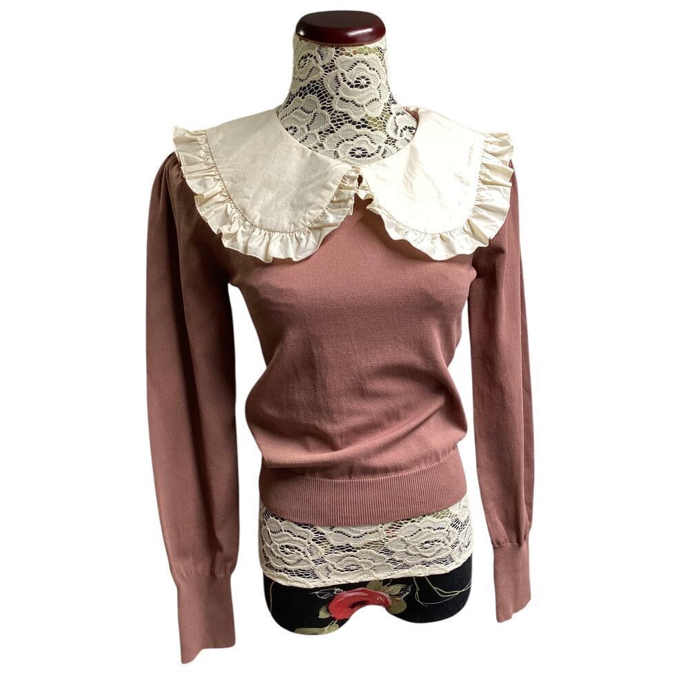 Zara Combination Knit Sweater contrasting Peter Pan collar M dusty rose/brown